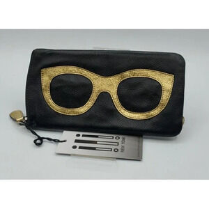ili New York Black & Gold Leather Embellished Zippered Eyeglass Case Pocket NWT